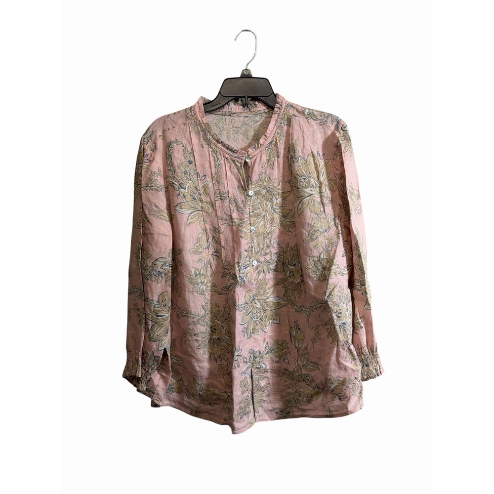 Womens 100% 2X Linen Popover Blouse Floral Pintuck Ruffle Cottage Boho Coastal